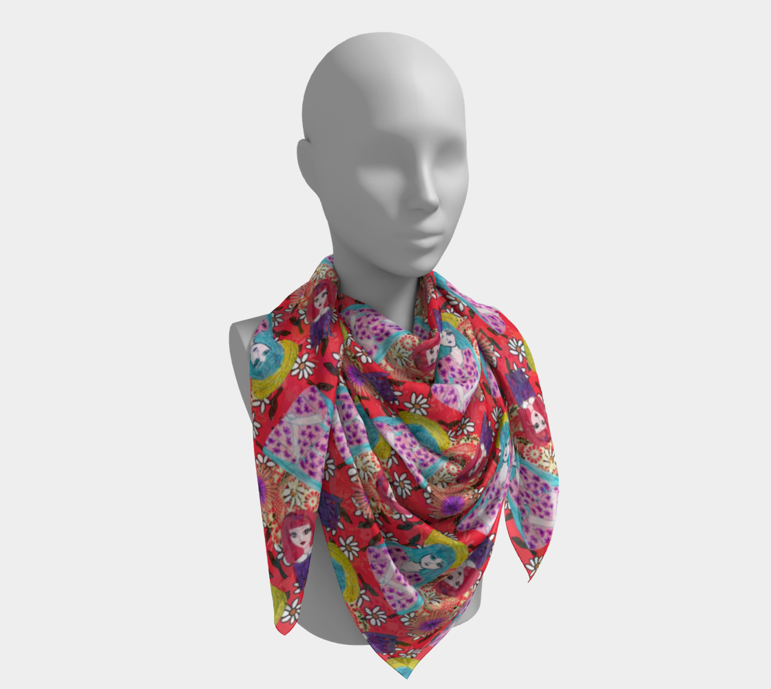 blue haired girl pattern red scarf