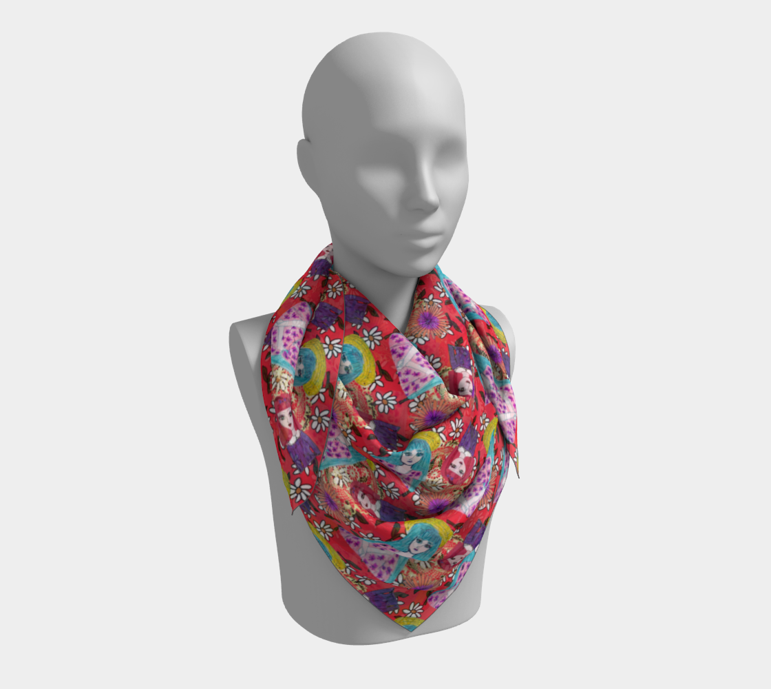 blue haired girl pattern red scarf