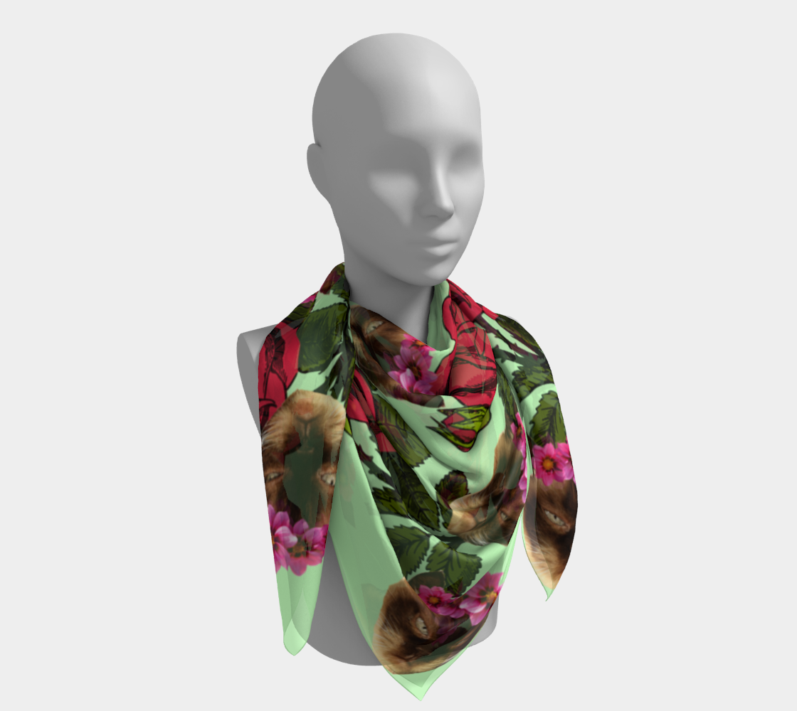 lazy cat floral pattern green scarf