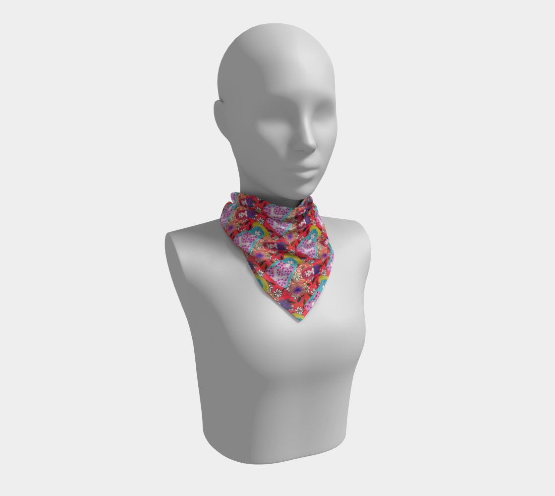 blue haired girl pattern red scarf