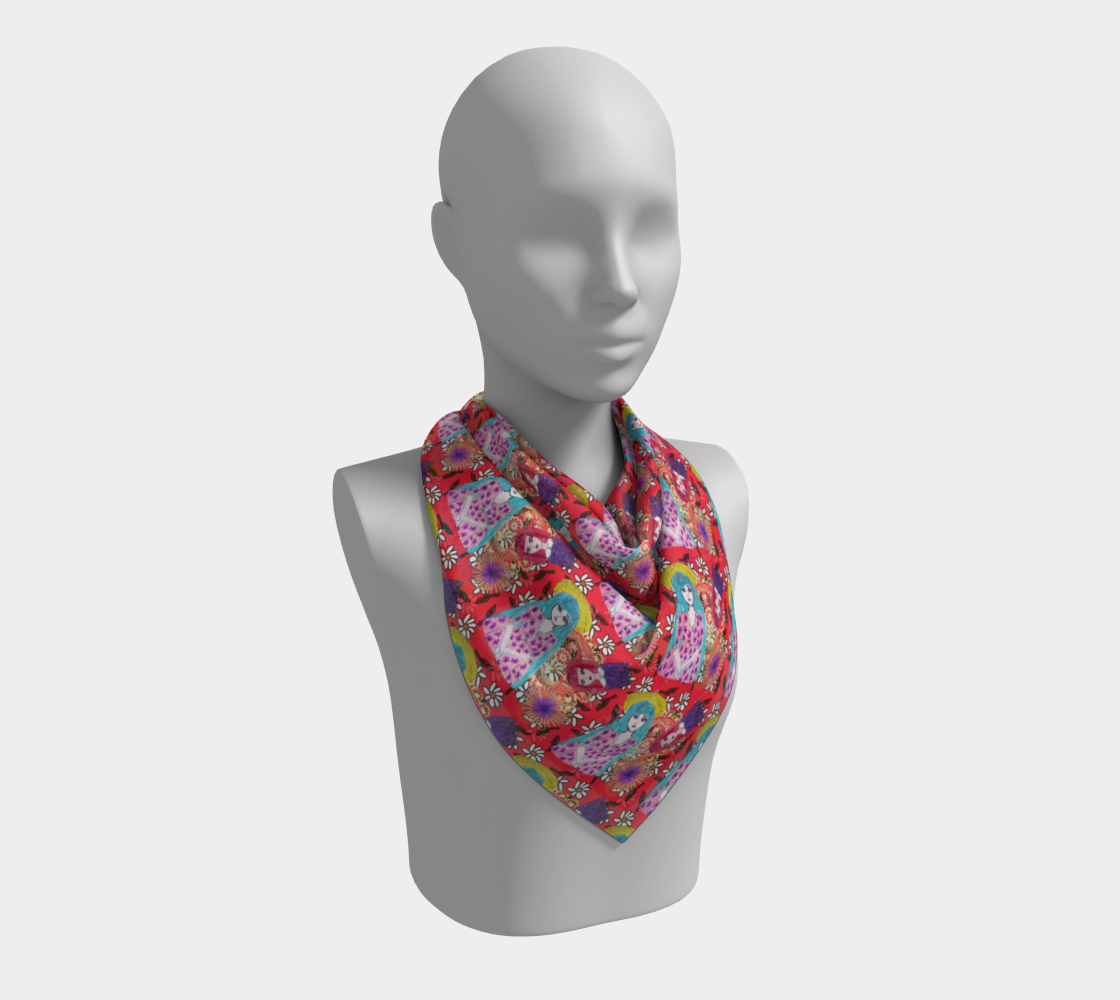 blue haired girl pattern red scarf