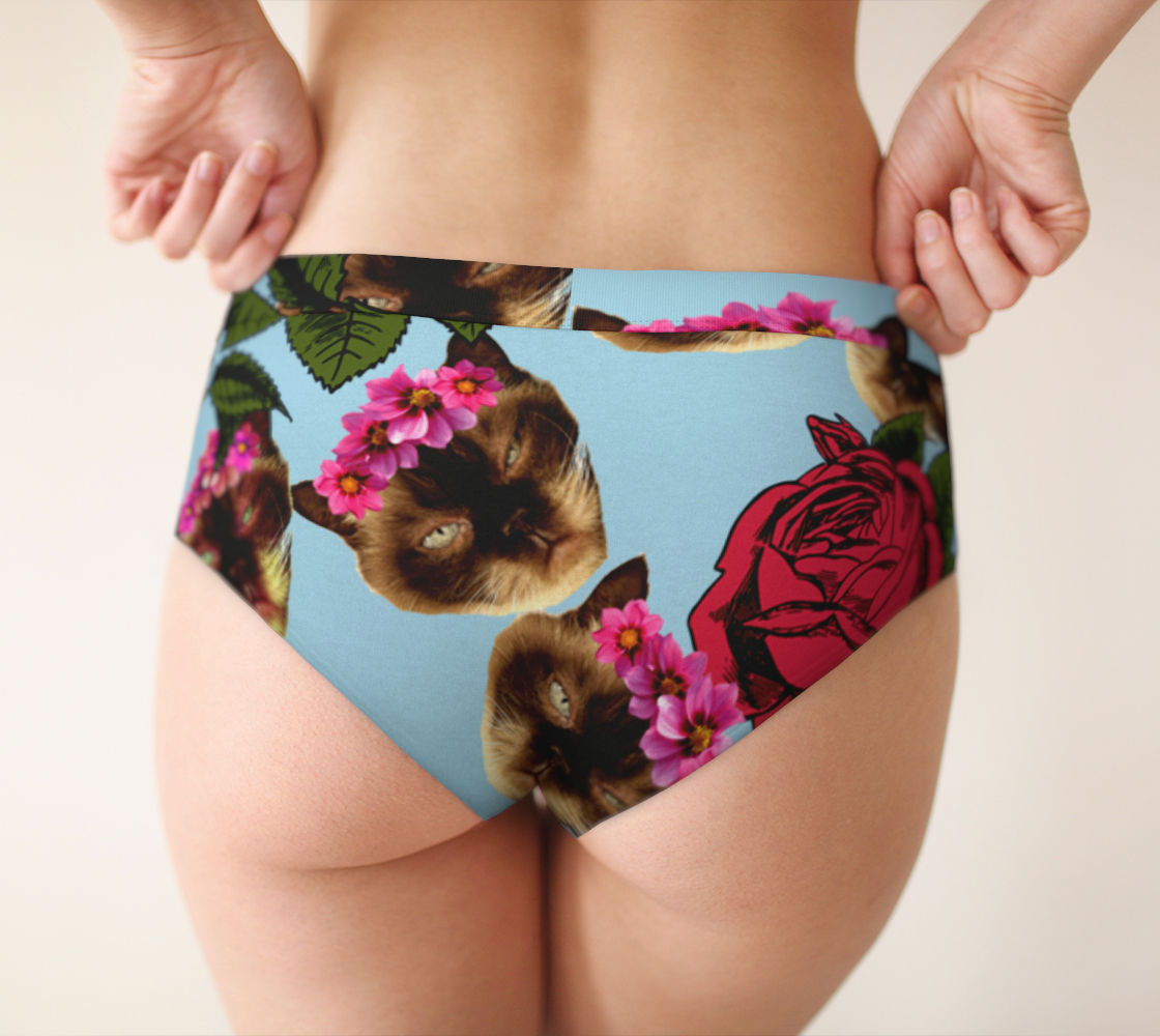 lazy cat floral pattern blue cheeky briefs