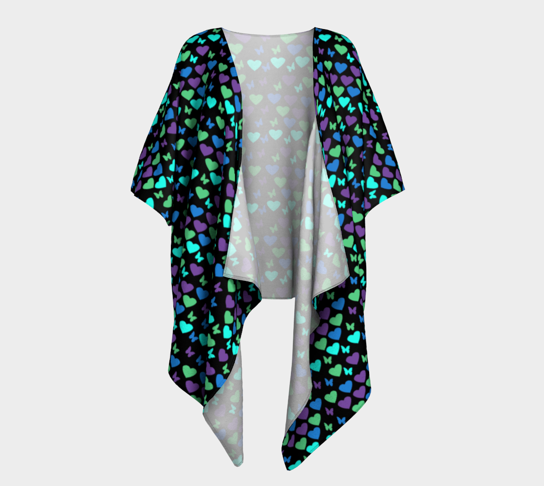 hearts butterflies black draped Kimono