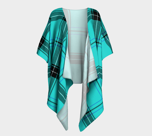 aqua plaid draped Kimono