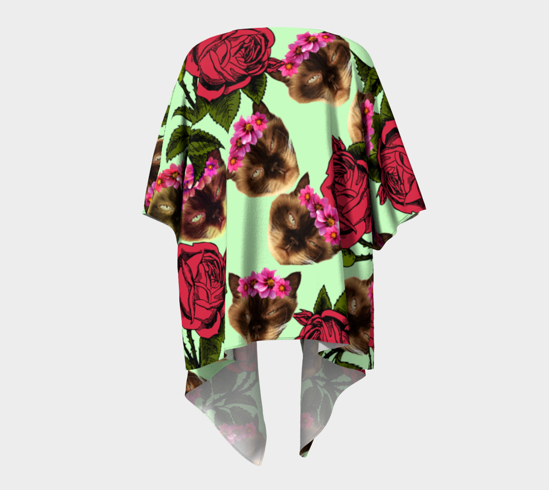 lazy cat floral pattern green draped Kimono