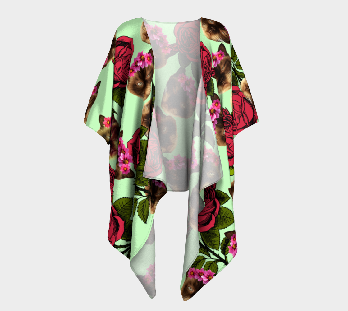 lazy cat floral pattern green draped Kimono