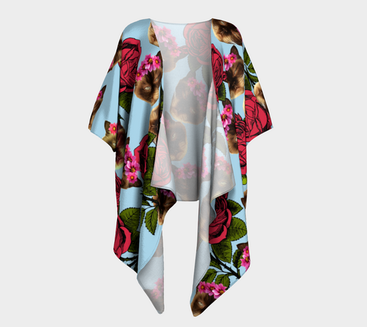 lazy cat floral pattern blue draped Kimono