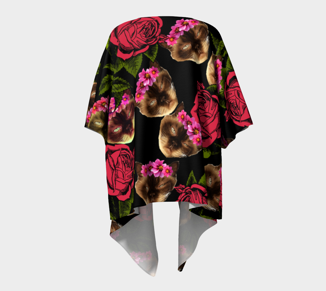 lazy cat floral pattern black draped Kimono