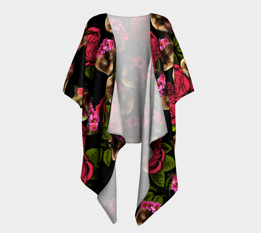 lazy cat floral pattern black draped Kimono