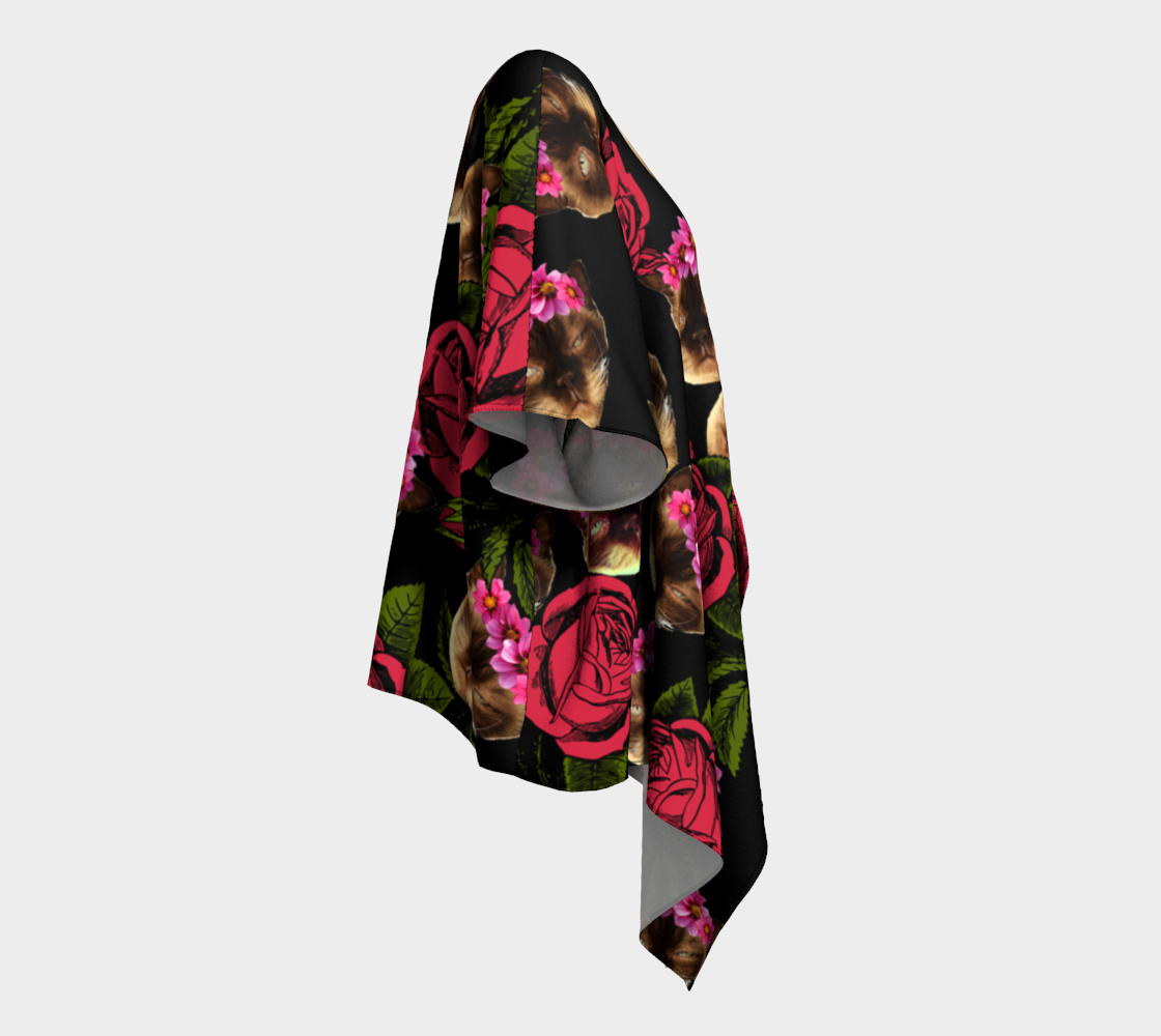 lazy cat floral pattern black draped Kimono