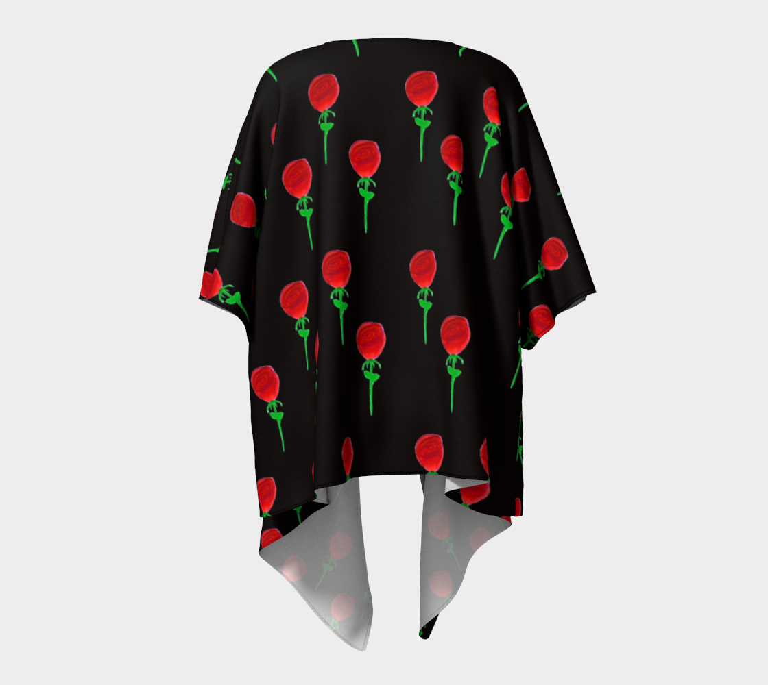 red water color rose on black draped Kimono