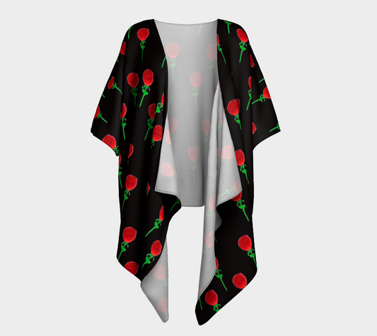 red water color rose on black draped Kimono