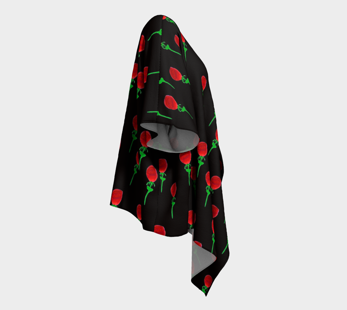 red water color rose on black draped Kimono