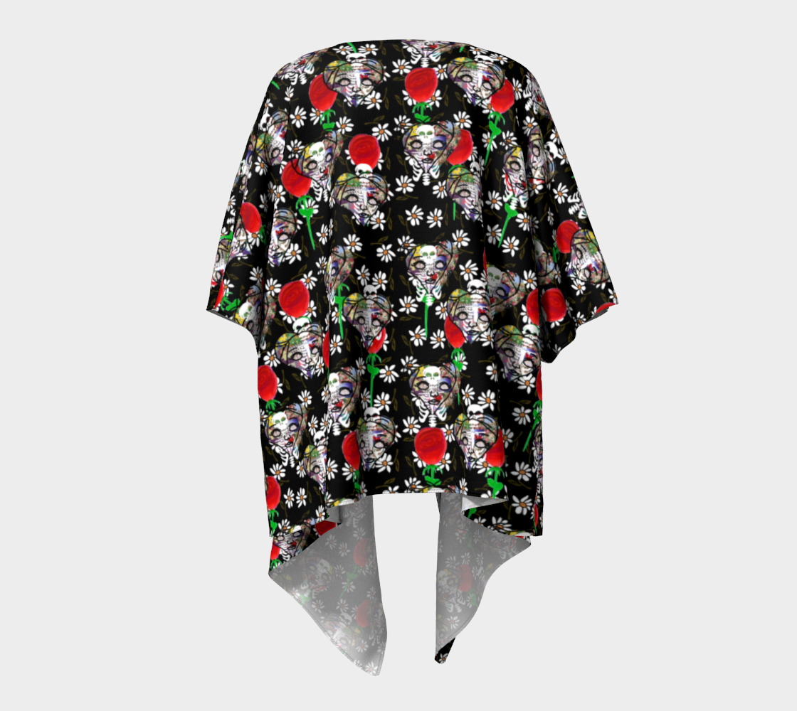 heart skeleton face pattern black draped Kimono