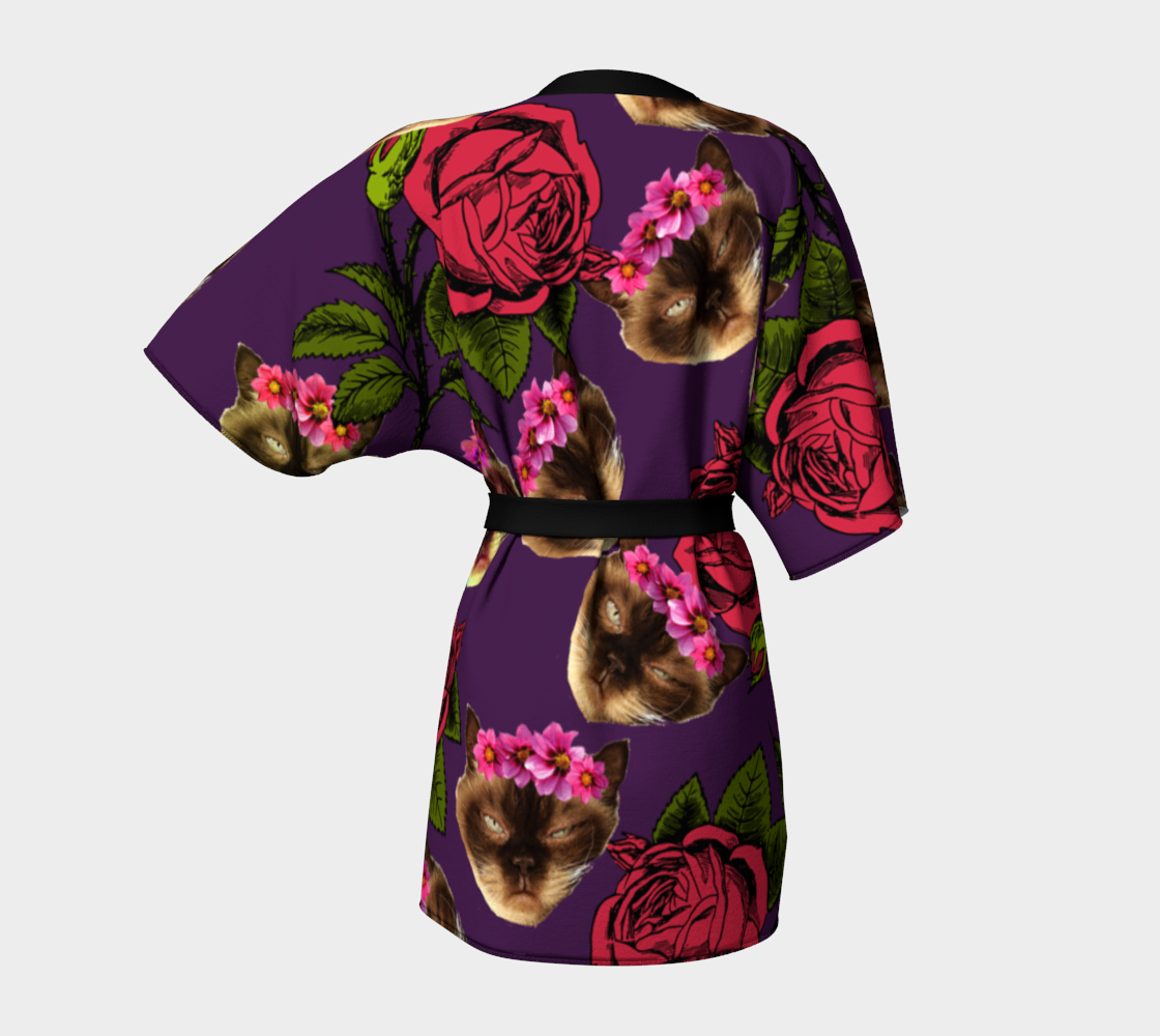 lazy cat floral pattern purple Kimono