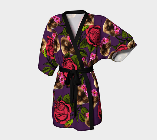 lazy cat floral pattern purple Kimono