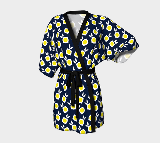 square flowers navy blue Kimono