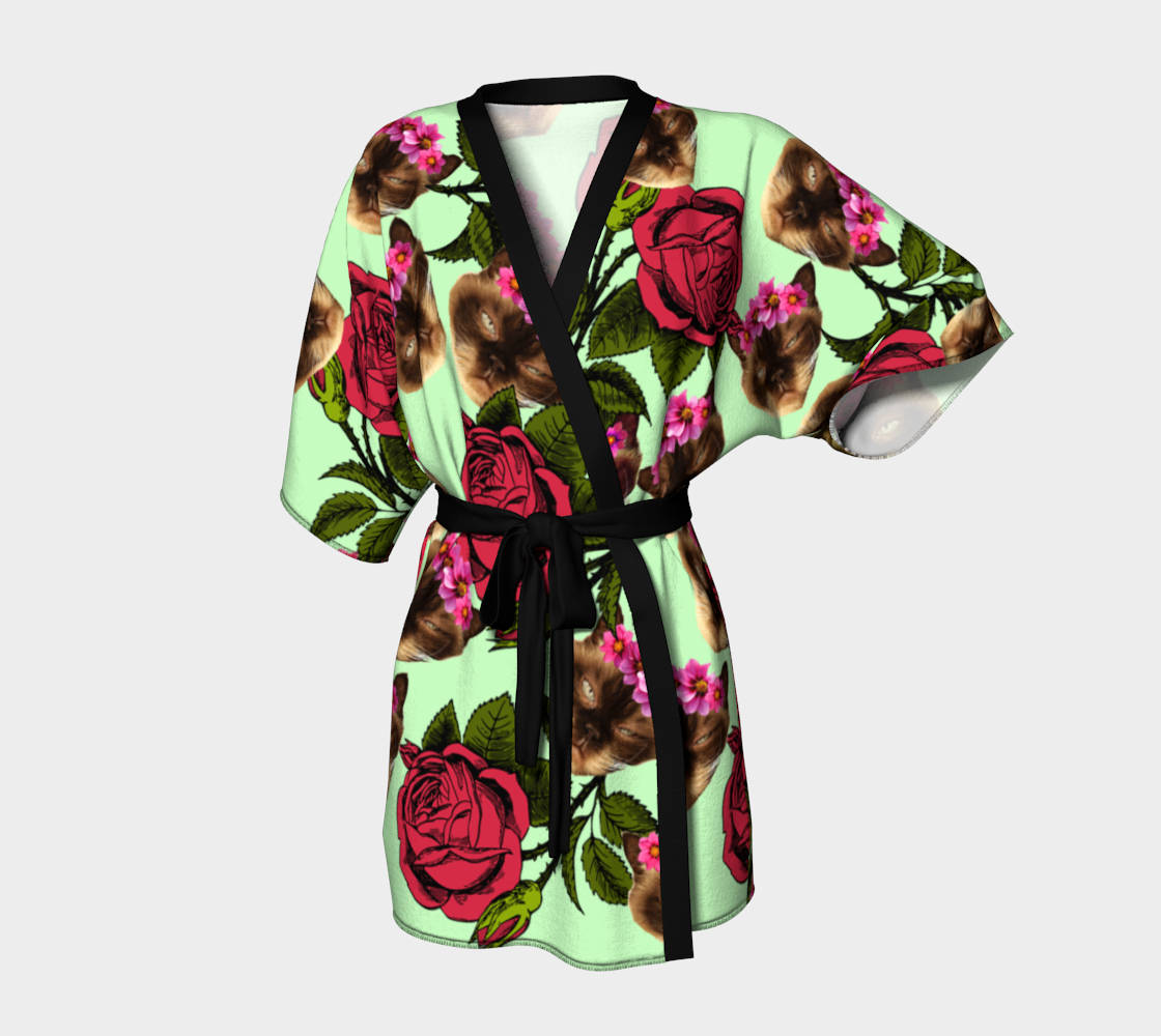 lazy cat floral pattern green Kimono