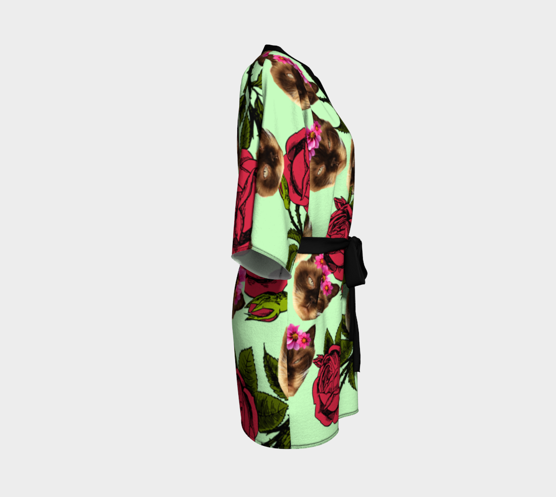 lazy cat floral pattern green Kimono