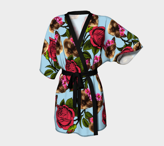 lazy cat floral pattern blue Kimono