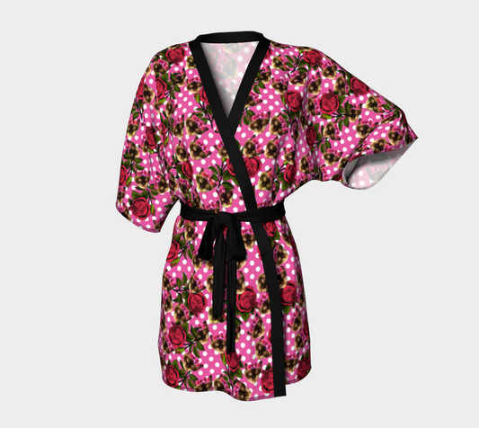 lazy cat floral pattern pink polka Kimono