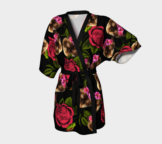 lazy cat floral pattern black Kimono