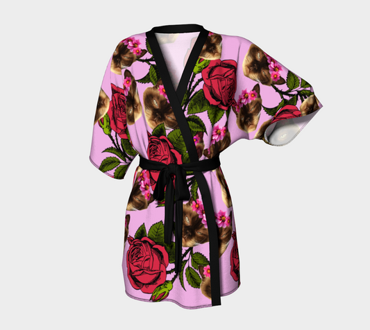 lazy cat floral pattern pink Kimono