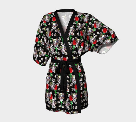 heart skeleton face pattern black Kimono