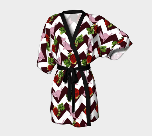 cat rose chevron Kimono